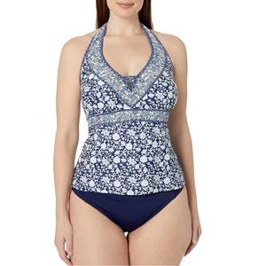 Jessica Simpson Patched Up Ditsy Tankini Top with Low Rise Solid Bikini Bottoms